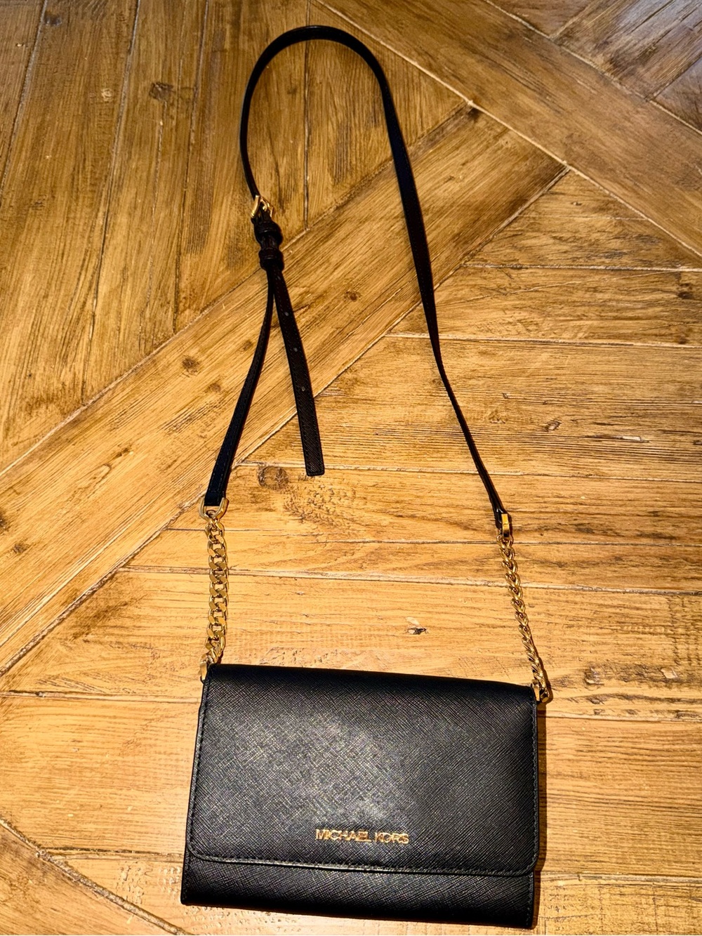 Michael Kors Black Saffiano Leather Jet Set Wallet on Chain Crossbody Flap Bag